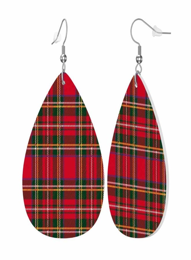 TKS MITLAN Tartan Plaid Teardrop Double-sided Leather Earrings Traditional Red Black Green Scottish Christmas New Year Decor for Women Fashion and Valentine Birthday Party Gift - Image 2